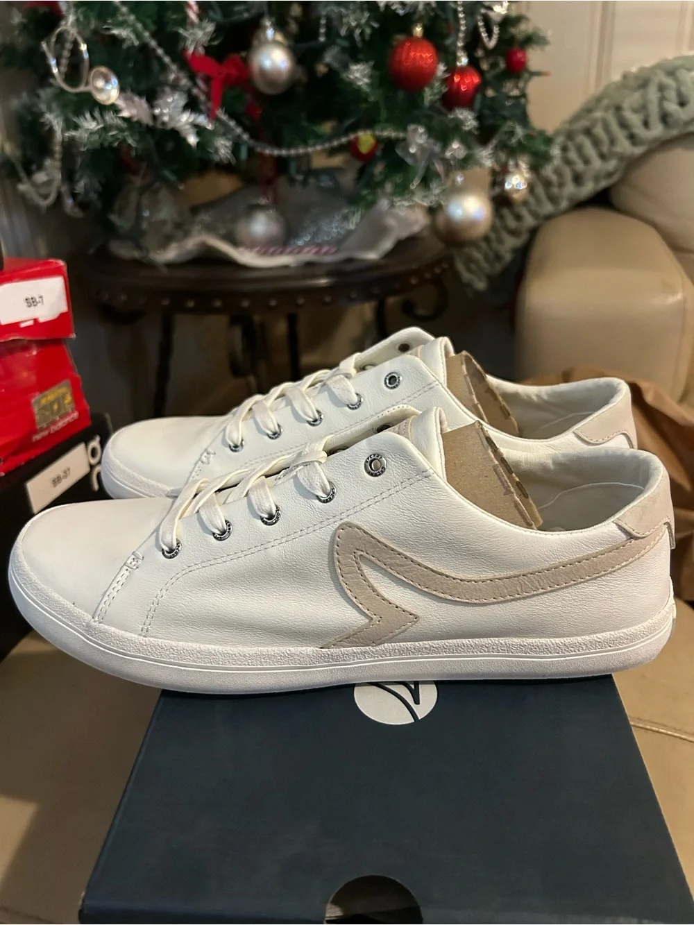 White Women's Leather Lace-Up Sneakers with Beige Trim